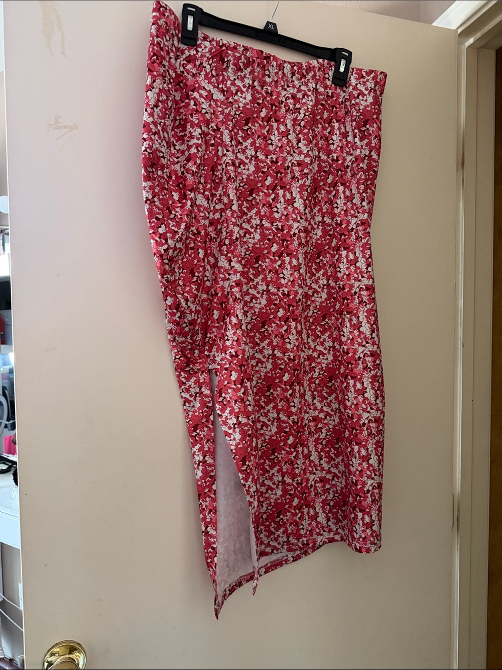 SHEIN Red Floral Midi Skirt with Side Slit